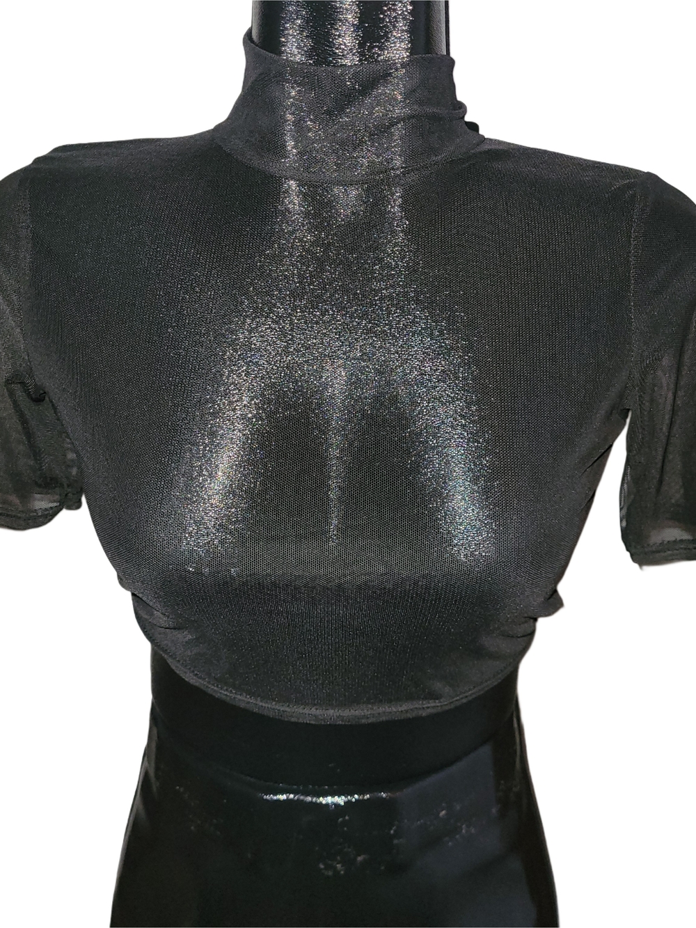 PrettyLittleThing Black Sheer Metallic Shimmer Mock Neck Crop Top NWT Size 6